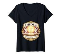 Femme Theosis Deification by Grace Christian Jésus Christ Church T-Shirt avec Col en V