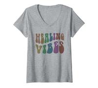 Femme Thérapeute de Bien-être Groovy Healing Vibes Peace Love Therapy T-Shirt avec Col en V