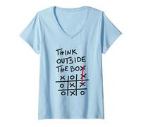Femme Think Outside The Box - Motif de Motivation Tic Tac Toe T-Shirt avec Col en V