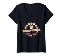 Femme Third Grade Vibes Teacher Back To School Fleurs de 3e année T-Shirt avec Col en V