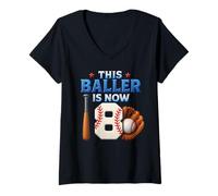 Femme This Baller Is Now 8 fête d'anniversaire sur le thème du baseball T-Shirt avec Col en V