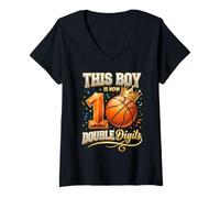 Femme This Boy is Now Double Digits Basketball 10e Anniversaire T-Shirt avec Col en V