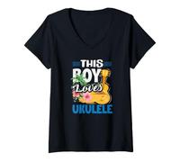 Femme This Boy Loves Ukulélé hawaïen Tropical Beach Ukulélé T-Shirt avec Col en V