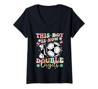 Femme This Boy Now 10 Double Chiffres Soccer 10 Years Old Birthday T-Shirt avec Col en V