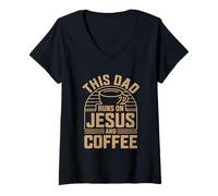 Femme This Dad Runs on Jesus and Coffee T-Shirt avec Col en V