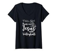 Femme This Girl Runs on Jesus and Volleyball - Script chrétien T-Shirt avec Col en V