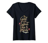 Femme This Girl, Sweet Tea & Jesus Tea Buveur de thé avec Citation de Jésus T-Shirt avec Col en V