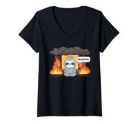Femme This is Fine Meme Funny Cute Kawaii Sloth Room on Fire T-Shirt avec Col en V