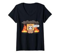 Femme This is Fine Meme Funny Cute Kawaii Sloth Room on Fire T-Shirt avec Col en V