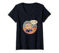 Femme This is Fine Meowster - Drôle de Chat samouraï T-Shirt avec Col en V