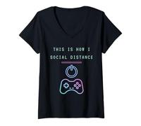 Femme This is How I Social Distance Funny Console Gamer Controller T-Shirt avec Col en V