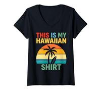 Femme This is My Hawaiian Shirt Retro Sunset Palm Surfboard Aloha T-Shirt avec Col en V