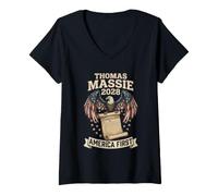 Femme Thomas Massie, Partisan de l'élection America First Patriot 2028 T-Shirt avec Col en V