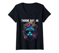 Femme Thorne Bay Alaska Chat Portant des Lunettes de Soleil et des Fleurs T-Shirt avec Col en V