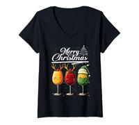 Femme Three Wine Glasses Merry Christmas Reindeer Santa Elf Xmas T-Shirt avec Col en V