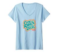 Femme Three's Company Come and Knock on Our Door Retro Typography T-Shirt avec Col en V