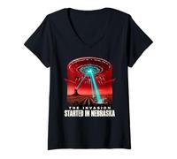 Femme Thriller de Science-Fiction Alien Invasion du Nebraska T-Shirt avec Col en V