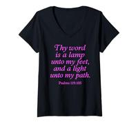 Femme Thy Word is A Lamp Unto My Feet Psaums 119:105 Verset de Foi T-Shirt avec Col en V