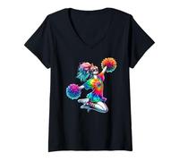 Femme Tie Dye Cheerleader Pom Poms Colorful Cheer Cheerleading T-Shirt avec Col en V