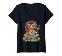 Femme Tie-Dye Grenouille Dreadlocks Signe de Paix Hippie T-Shirt avec Col en V