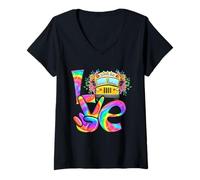Femme Tie Dye rétro Jaune à Motif Floral Love Bus Driver School T-Shirt avec Col en V