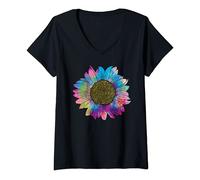 Femme TIE DYE TOURNESOL Peace Love Années 60 70 Hippie Rétro T-Shirt avec Col en V