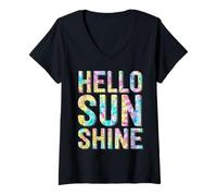 Femme Tie Dye Vintage Hello Summer Tie Die Sunny Camp Life T-Shirt avec Col en V