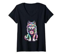 Femme Tie Dye Wolf Rainbow Spirit T-Shirt avec Col en V