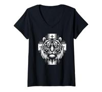 Femme Tiger majestueux avec un symbole chrétien animal spirituel T-Shirt avec Col en V