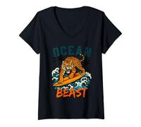 Femme Tiger Surf Ocean Waves Beach Summer Vibes T-Shirt avec Col en V
