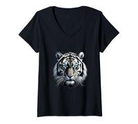 Femme Tigre aux yeux bleus brillants Amoureux du tigre T-Shirt avec Col en V