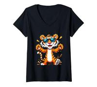 Femme Tigre Cool avec Lunettes de Soleil T-Shirt avec Col en V