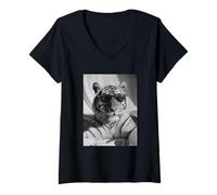 Femme Tigre élégant avec Lunettes de Soleil Mignon félin Animal Photographie T-Shirt avec Col en V