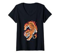 Femme Tigre Flamboyant T-Shirt avec Col en V