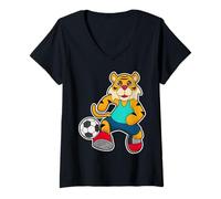 Femme Tigre Footballeur Football Sport T-Shirt avec Col en V