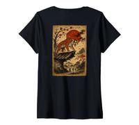 Femme Tigre Japonais Vintage avec Cerisier en Fleurs d'arbre en Bois T-Shirt avec Col en V