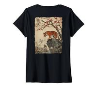 Femme Tigre japonais vintage avec cerisier en fleurs d'arbre en bois T-Shirt avec Col en V