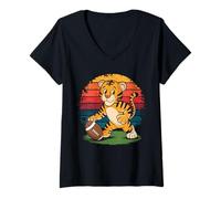 Femme Tigre Jouant au Football Américain Rétro Vintage Tigre Amoureux T-Shirt avec Col en V