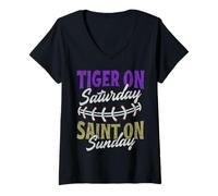 Femme Tigre Le Samedi Saint Le Dimanche Vintage T-Shirt avec Col en V