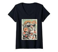 Femme Tigre Mignon avec Lunettes de Soleil Bisous Saint-Valentin Animal T-Shirt avec Col en V