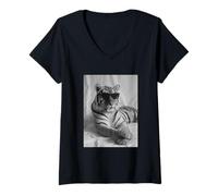 Femme Tigre Mignon avec Lunettes de Soleil pour Photographie d'animaux félins T-Shirt avec Col en V