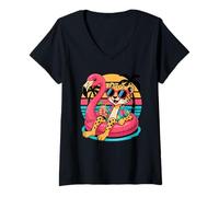 Femme Tigre Plage Été Vacances Bouée Piscine Flamant Rose T-Shirt avec Col en V