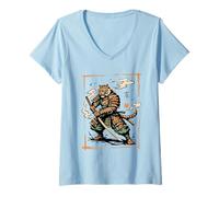 Femme Tigre Samouraï Lame Guerrier Art Japonais Tigre Ronin Sumi-e T-Shirt avec Col en V