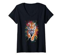 Femme Tigre sans peur rugissant à travers l'art de la jungle T-Shirt avec Col en V