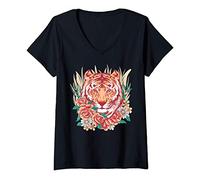 Femme Tigresse avec fleurs, tigre graphique entouré de roses T-Shirt avec Col en V