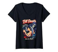 Femme Till Death Do Us Part Squelette Bride Goth Romance T-Shirt avec Col en V
