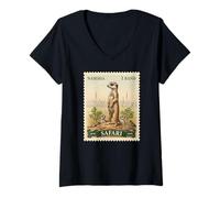 Femme Timbre Africain Safari Suricate Namibie Poste Vintage T-Shirt avec Col en V