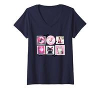 Femme Timbre d'affranchissement d'halloween avec Motif Chat et fantôme T-Shirt avec Col en V