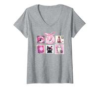 Femme Timbre d'affranchissement Halloween avec nœud Papillon et Chat T-Shirt avec Col en V