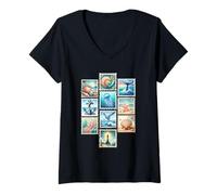 Femme Timbre Vintage Ocean Collage Plage Nautique T-Shirt avec Col en V
